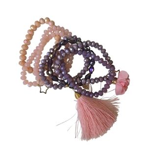 Pink & Purple Beaded Stretch Bracelet Set | Tassel & Charm Accents
